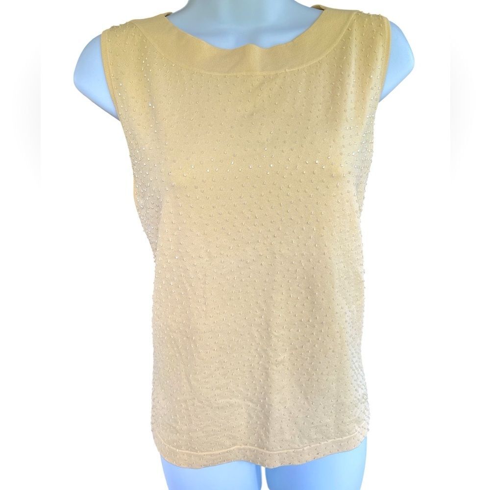 Vintage Kate Hill Pale Yellow Beaded Women’s Sleeveless Knit Formal Tank - XL